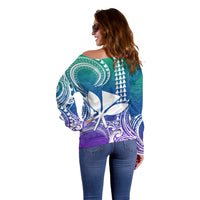 Custom Hawaii Off Shoulder Sweater Paradise of the Pacific Tribal Kakau for King Kamehameha Day - Gradient - Wonder Print Shop
