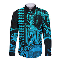 Custom Happy King Kamehameha Day Hawaii Long Sleeve Button Shirt Paradise of the Pacific Tribal Kakau with Kanaka Maoli - Aqua - Wonder Print Shop