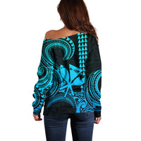Custom Happy King Kamehameha Day Hawaii Off Shoulder Sweater Paradise of the Pacific Tribal Kakau with Kanaka Maoli - Aqua - Wonder Print Shop