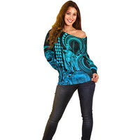 Custom Happy King Kamehameha Day Hawaii Off Shoulder Sweater Paradise of the Pacific Tribal Kakau with Kanaka Maoli - Aqua - Wonder Print Shop