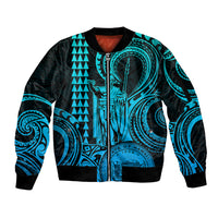 Custom Happy King Kamehameha Day Hawaii Sleeve Zip Bomber Jacket Paradise of the Pacific Tribal Kakau with Kanaka Maoli - Aqua - Wonder Print Shop