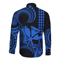 Custom Happy King Kamehameha Day Hawaii Long Sleeve Button Shirt Paradise of the Pacific Tribal Kakau with Kanaka Maoli - Blue - Wonder Print Shop