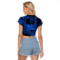 Custom Happy King Kamehameha Day Hawaii Raglan Cropped T Shirt Paradise of the Pacific Tribal Kakau with Kanaka Maoli - Blue - Wonder Print Shop