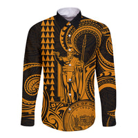 Custom Happy King Kamehameha Day Hawaii Long Sleeve Button Shirt Paradise of the Pacific Tribal Kakau with Kanaka Maoli - Gold - Wonder Print Shop