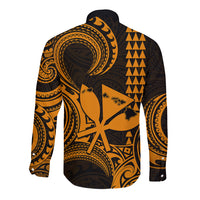 Custom Happy King Kamehameha Day Hawaii Long Sleeve Button Shirt Paradise of the Pacific Tribal Kakau with Kanaka Maoli - Gold - Wonder Print Shop