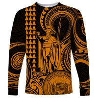 Custom Happy King Kamehameha Day Hawaii Long Sleeve Shirt Paradise of the Pacific Tribal Kakau with Kanaka Maoli - Gold - Wonder Print Shop
