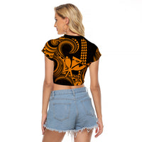 Custom Happy King Kamehameha Day Hawaii Raglan Cropped T Shirt Paradise of the Pacific Tribal Kakau with Kanaka Maoli - Gold - Wonder Print Shop