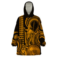 Custom Happy King Kamehameha Day Hawaii Wearable Blanket Hoodie Paradise of the Pacific Tribal Kakau with Kanaka Maoli - Gold - Wonder Print Shop