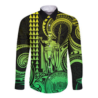 Custom Happy King Kamehameha Day Hawaii Long Sleeve Button Shirt Paradise of the Pacific Tribal Kakau with Kanaka Maoli - Lime - Wonder Print Shop