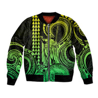 Custom Happy King Kamehameha Day Hawaii Sleeve Zip Bomber Jacket Paradise of the Pacific Tribal Kakau with Kanaka Maoli - Lime - Wonder Print Shop
