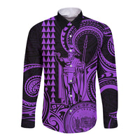 Custom Happy King Kamehameha Day Hawaii Long Sleeve Button Shirt Paradise of the Pacific Tribal Kakau with Kanaka Maoli - Purple - Wonder Print Shop