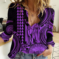 Custom Happy King Kamehameha Day Hawaii Women Casual Shirt Paradise of the Pacific Tribal Kakau with Kanaka Maoli - Purple - Wonder Print Shop