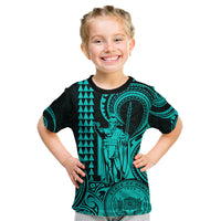 Custom Happy King Kamehameha Day Hawaii Kid T Shirt Paradise of the Pacific Tribal Kakau with Kanaka Maoli - Turquoise - Wonder Print Shop