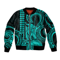 Custom Happy King Kamehameha Day Hawaii Sleeve Zip Bomber Jacket Paradise of the Pacific Tribal Kakau with Kanaka Maoli - Turquoise - Wonder Print Shop