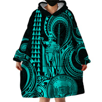 Custom Happy King Kamehameha Day Hawaii Wearable Blanket Hoodie Paradise of the Pacific Tribal Kakau with Kanaka Maoli - Turquoise - Wonder Print Shop
