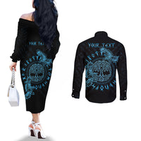Personalized Odin's Celtic Raven Couples Matching Off The Shoulder Long Sleeve Dress and Long Sleeve Button Shirt Blue Scandinavian Tattoo