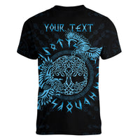 Personalized Odin's Celtic Raven Women V-Neck T-Shirt Blue Scandinavian Tattoo - Wonder Print Shop