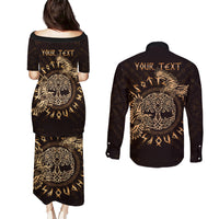 Personalized Odin's Celtic Raven Couples Matching Puletasi and Long Sleeve Button Shirt Gold Scandinavian Tattoo LT9 - Wonder Print Shop