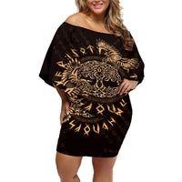 Personalized Odin's Celtic Raven Off Shoulder Short Dress Gold Scandinavian Tattoo - Wonder Print Shop