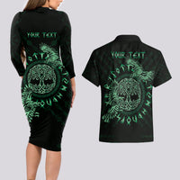 Personalized Odin's Celtic Raven Couples Matching Long Sleeve Bodycon Dress and Hawaiian Shirt Green Scandinavian Tattoo LT9 - Wonder Print Shop