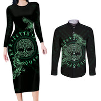Personalized Odin's Celtic Raven Couples Matching Long Sleeve Bodycon Dress and Long Sleeve Button Shirt Green Scandinavian Tattoo LT9 - Wonder Print Shop
