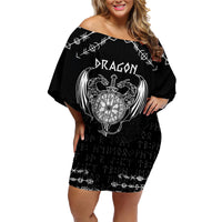 Personalized Viking Dragon Family Matching Off Shoulder Short Dress and Hawaiian Shirt with Sword Black Scandinavian Tattoo LT9 - Wonder Print Shop
