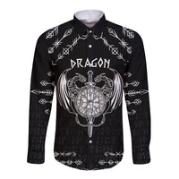 Personalized Viking Dragon Long Sleeve Button Shirt with Sword Black Scandinavian Tattoo - Wonder Print Shop