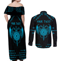 Personalized Viking Dragon Couples Matching Off Shoulder Maxi Dress and Long Sleeve Button Shirt with Sword Blue Scandinavian Tattoo LT9 - Wonder Print Shop