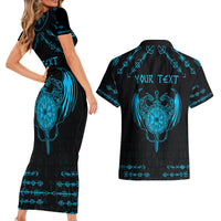 Personalized Viking Dragon Couples Matching Short Sleeve Bodycon Dress and Hawaiian Shirt with Sword Blue Scandinavian Tattoo LT9 - Wonder Print Shop