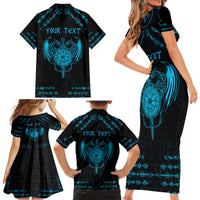 Personalized Viking Dragon Family Matching Short Sleeve Bodycon Dress and Hawaiian Shirt with Sword Blue Scandinavian Tattoo - Wonder Print Shop