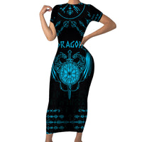 Personalized Viking Dragon Family Matching Short Sleeve Bodycon Dress and Hawaiian Shirt with Sword Blue Scandinavian Tattoo - Wonder Print Shop