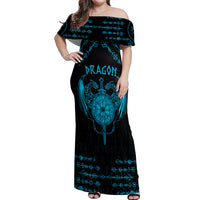 Personalized Viking Dragon Off Shoulder Maxi Dress with Sword Blue Scandinavian Tattoo - Wonder Print Shop