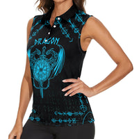 Personalized Viking Dragon Women Sleeveless Polo Shirt with Sword Blue Scandinavian Tattoo - Wonder Print Shop