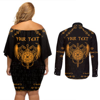 Personalized Viking Dragon Couples Matching Off Shoulder Short Dress and Long Sleeve Button Shirt with Sword Gold Scandinavian Tattoo LT9 - Wonder Print Shop