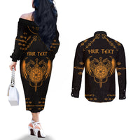 Personalized Viking Dragon Couples Matching Off The Shoulder Long Sleeve Dress and Long Sleeve Button Shirt with Sword Gold Scandinavian Tattoo
