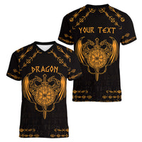 Personalized Viking Dragon Women V-Neck T-Shirt with Sword Gold Scandinavian Tattoo - Wonder Print Shop