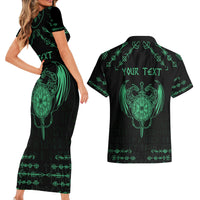 Personalized Viking Dragon Couples Matching Short Sleeve Bodycon Dress and Hawaiian Shirt with Sword Green Scandinavian Tattoo LT9 - Wonder Print Shop