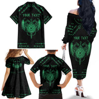 Personalized Viking Dragon Family Matching Off The Shoulder Long Sleeve Dress and Hawaiian Shirt with Sword Green Scandinavian Tattoo - Wonder Print Shop