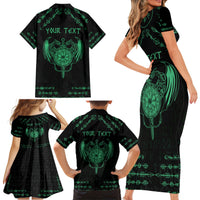 Personalized Viking Dragon Family Matching Short Sleeve Bodycon Dress and Hawaiian Shirt with Sword Green Scandinavian Tattoo - Wonder Print Shop