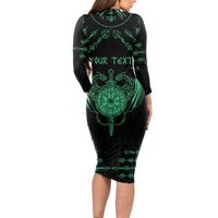 Personalized Viking Dragon Long Sleeve Bodycon Dress with Sword Green Scandinavian Tattoo - Wonder Print Shop