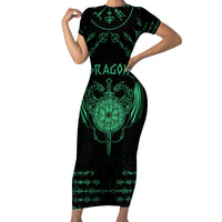 Personalized Viking Dragon Short Sleeve Bodycon Dress with Sword Green Scandinavian Tattoo - Wonder Print Shop