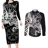 Vikings Raven and Wolf Couples Matching Long Sleeve Bodycon Dress and Long Sleeve Button Shirt with Aegishjalmur Unique LT9 - Wonder Print Shop