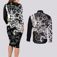 Vikings Raven and Wolf Couples Matching Long Sleeve Bodycon Dress and Long Sleeve Button Shirt with Aegishjalmur Unique LT9 - Wonder Print Shop
