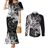 Vikings Raven and Wolf Couples Matching Mermaid Dress and Long Sleeve Button Shirt with Aegishjalmur Unique