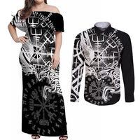 Vikings Raven and Wolf Couples Matching Off Shoulder Maxi Dress and Long Sleeve Button Shirt with Aegishjalmur Unique LT9 - Wonder Print Shop