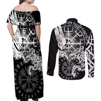 Vikings Raven and Wolf Couples Matching Off Shoulder Maxi Dress and Long Sleeve Button Shirt with Aegishjalmur Unique LT9 - Wonder Print Shop