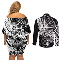 Vikings Raven and Wolf Couples Matching Off Shoulder Short Dress and Long Sleeve Button Shirt with Aegishjalmur Unique LT9 - Wonder Print Shop