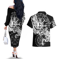Vikings Raven and Wolf Couples Matching Off The Shoulder Long Sleeve Dress and Hawaiian Shirt with Aegishjalmur Unique LT9 - Wonder Print Shop