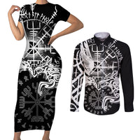 Vikings Raven and Wolf Couples Matching Short Sleeve Bodycon Dress and Long Sleeve Button Shirt with Aegishjalmur Unique LT9 - Wonder Print Shop