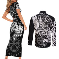 Vikings Raven and Wolf Couples Matching Short Sleeve Bodycon Dress and Long Sleeve Button Shirt with Aegishjalmur Unique LT9 - Wonder Print Shop